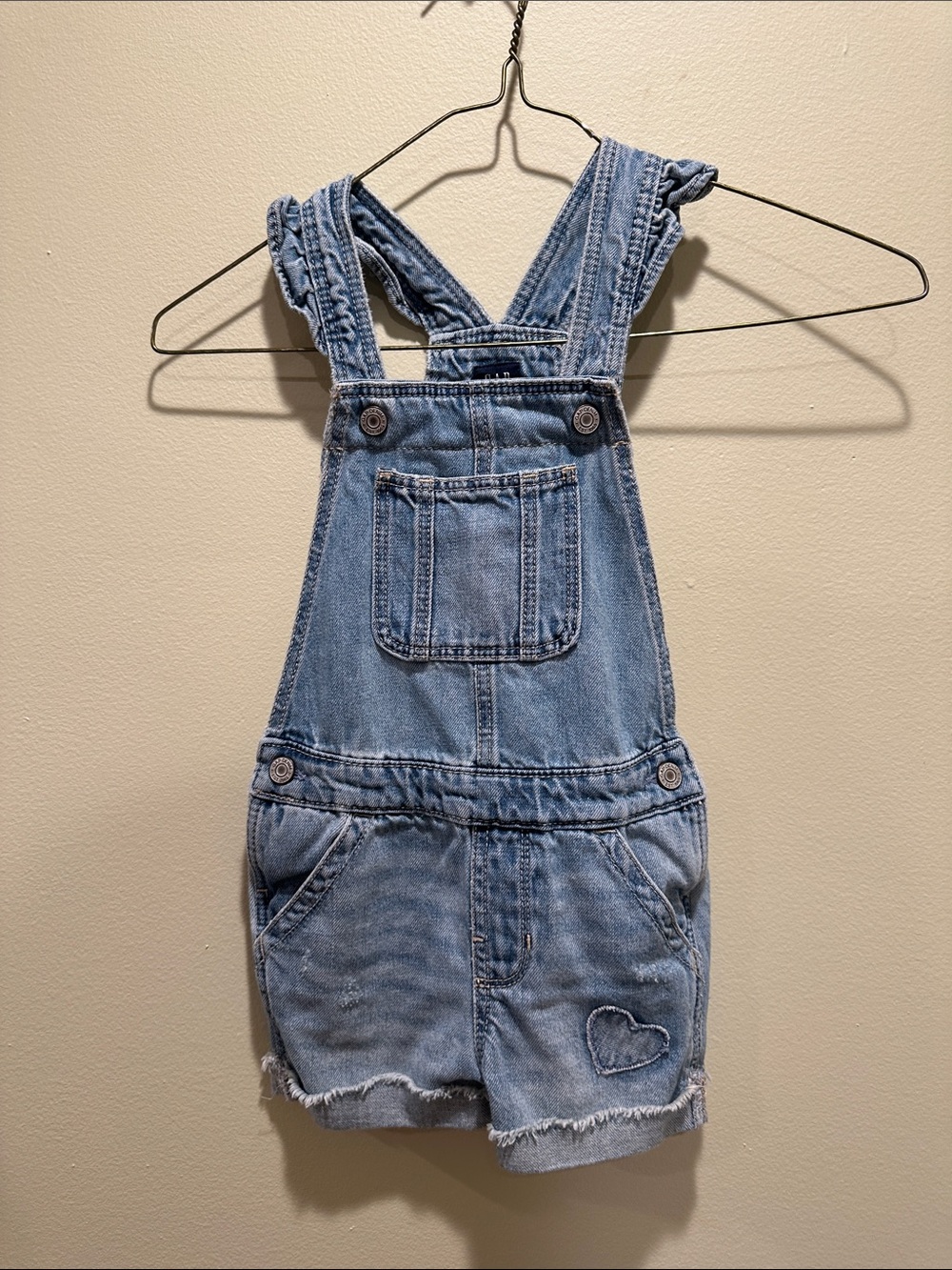 Kids Denim Shortalls with Heart Patch - Light Blue